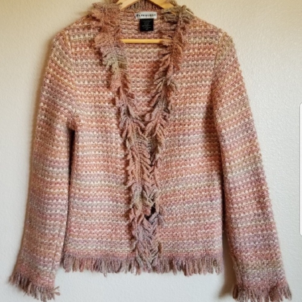 PARKHURST tweed cardigan blazer with fringe trim